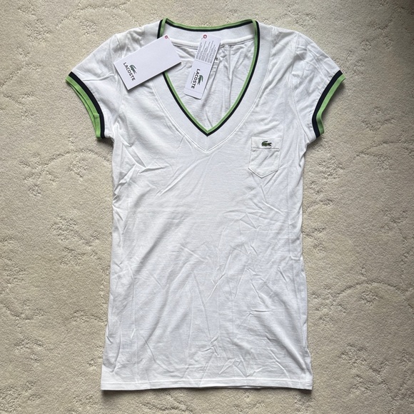 NWT Lacoste Women's White Green Navy Blue V-Neck Lightweight Tee size 36